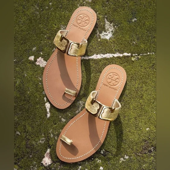 Tory Burch Marcia Metallic Leather Toe Ring Slides - Picture 1 of 7